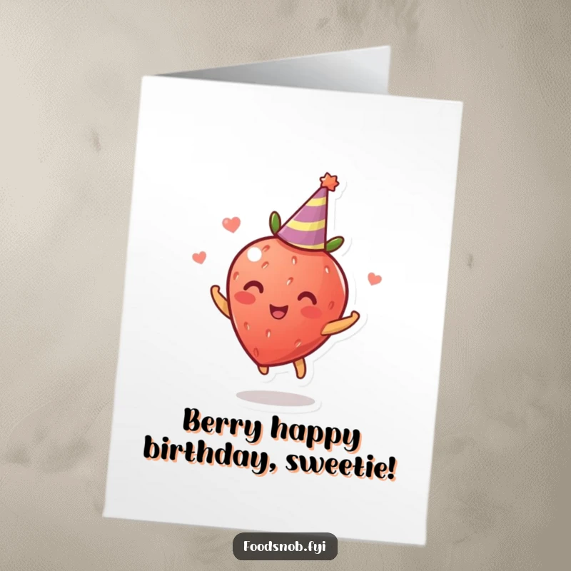 Funny Free Printable Birthday Card: A delighted strawberry wearing a tiny party hat spins with pure joy, a fruity celebration.