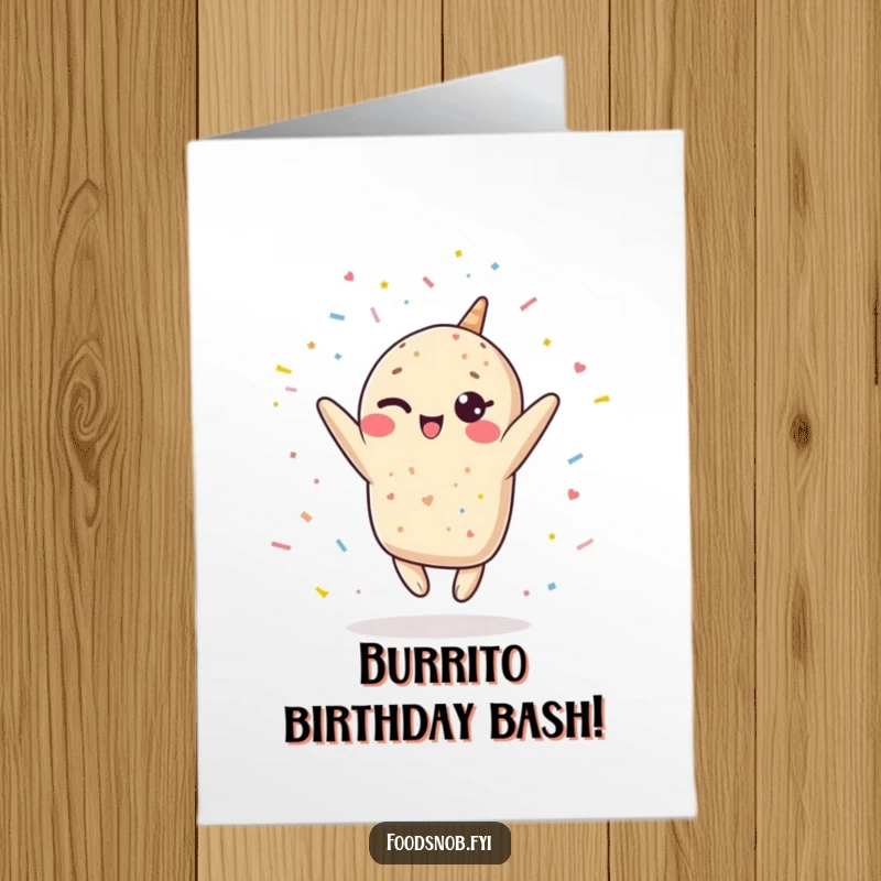 Funny Free Printable Birthday Card: A winking Kawaii burrito leaps joyfully, showering vibrant confetti everywhere.