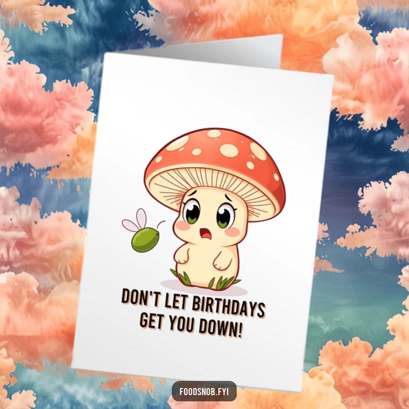 Funny Free Printable Birthday Card: Surprised mushroom with wide eyes watching a tiny olive fly past, a quirky birthday surprise.