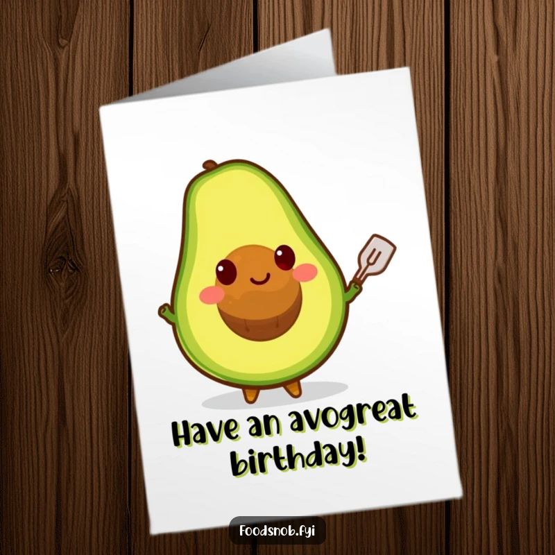 Funny Free Printable Avocado Birthday Card: A smiling avocado balances its pit with a tiny spatula, celebrating. Great gift.