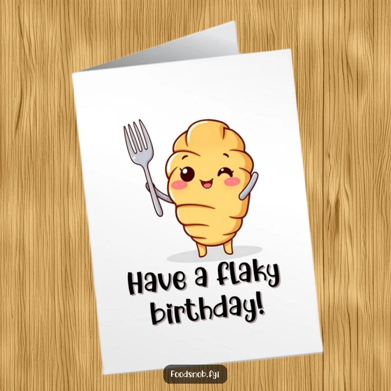 Funny Free Printable Birthday Card: A cheerful croissant character holding a tiny fork aloft, looking proud and ready for a feast.