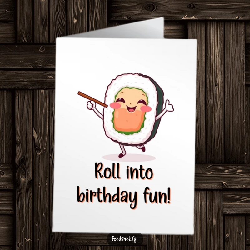 Funny Free Printable Birthday Card: A smiling sushi roll character joyfully dancing with two chopsticks, doing a happy jig.