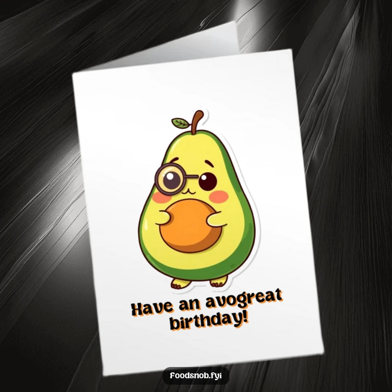 Funny free printable birthday card featuring a plump avocado with a monocle looking thoughtful, a sophisticated and humorous DIY gift.