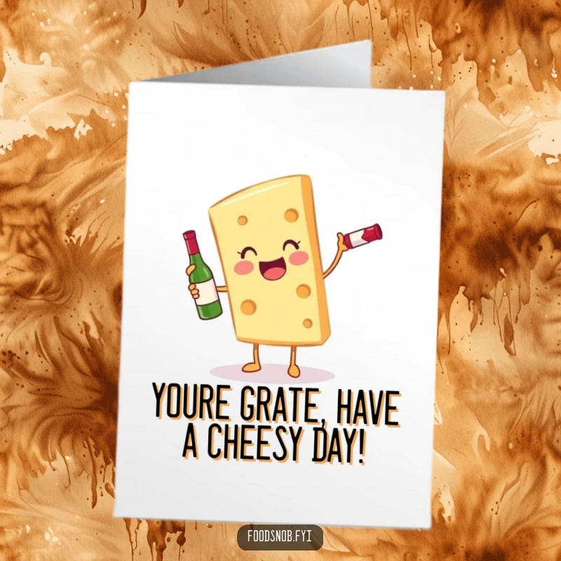 Funny Free Printable Birthday Card with a gleeful cheese character balancing wine, ideal for a humorous downloadable gift.