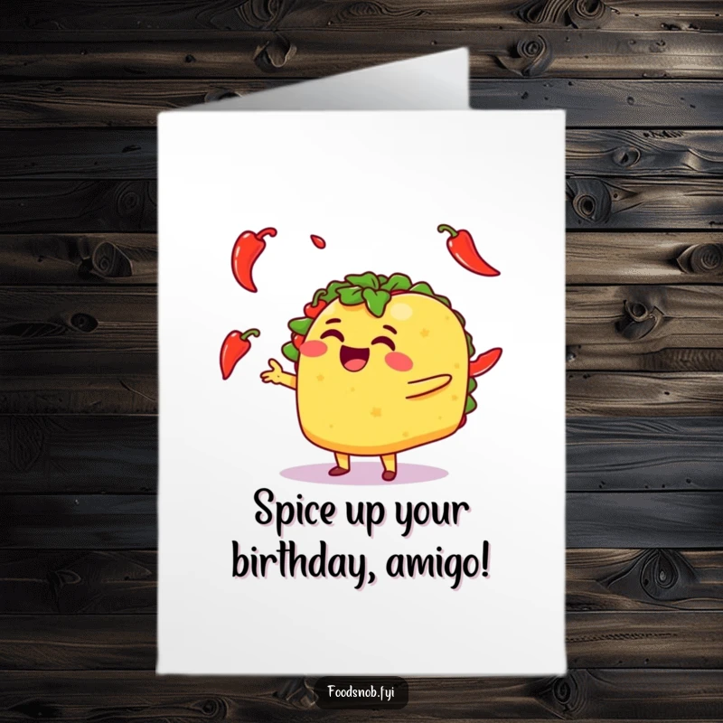 Funny Free Printable Birthday Card: Cheerful taco character joyfully juggling spicy chili peppers, perfect for a humorous celebration.