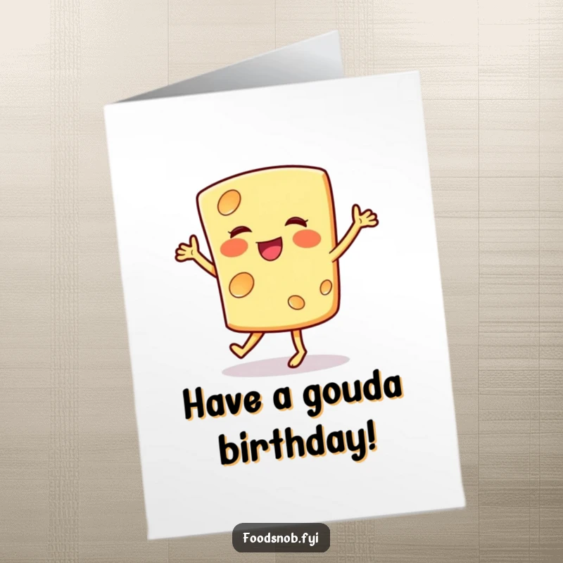 Funny Free Printable Birthday Card: A smiling cheese slice doing a happy jig, spreading birthday cheer.