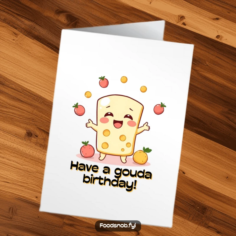 Funny free printable birthday card featuring a bubbly cheese character giggling while juggling fruits, a humorous DIY gift.