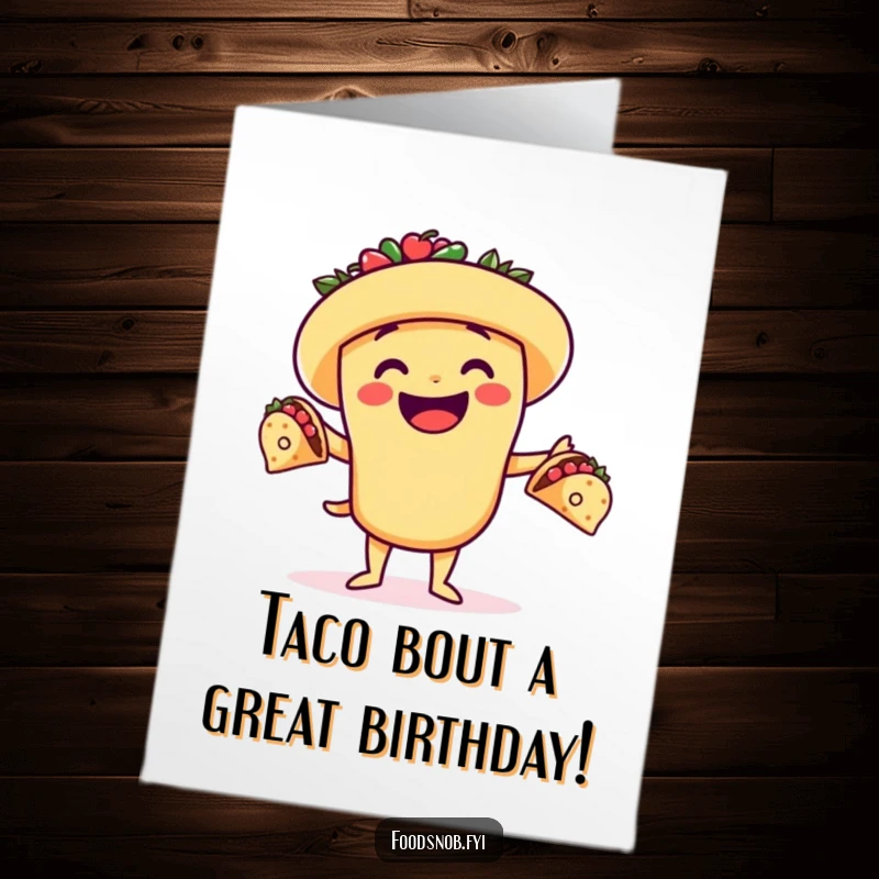 Funny Free Printable Birthday Card: Smiling taco character skillfully juggling three tiny tacos.