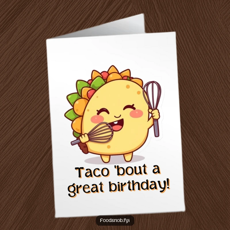 Funny free printable birthday card featuring a smiling taco winking and holding a whisk, a perfect humorous DIY gift for food lovers.