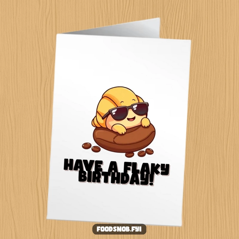 Funny Free Printable Birthday Card: Smiling croissant in sunglasses lounging on a coffee bean, radiating cool birthday vibes.