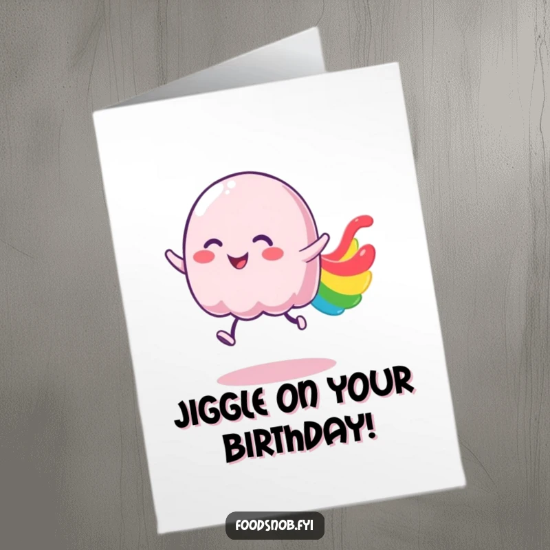 Funny Free Printable Birthday Card: Wobbly jelly character bouncing with pure joy, leaving a vibrant, happy trail.