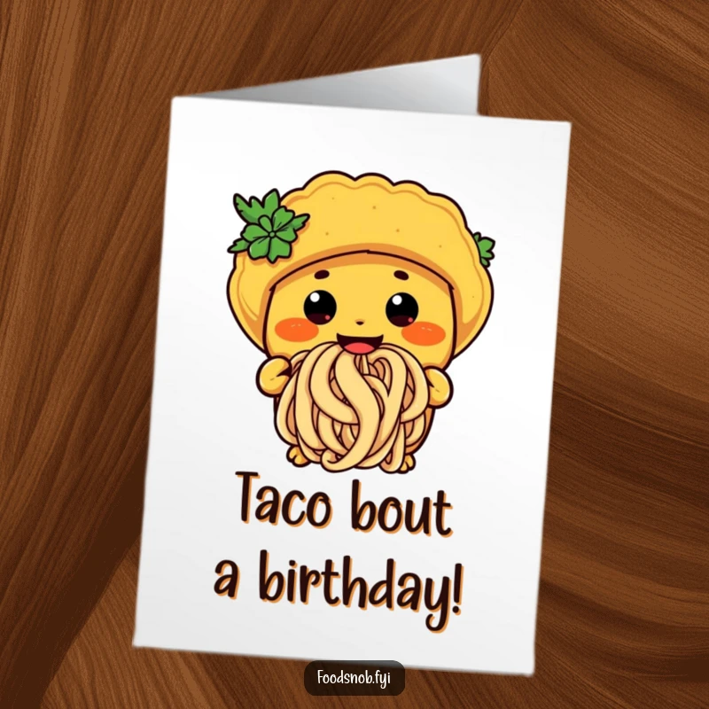 Funny Free Printable Birthday Card: Anthropomorphic taco character happily slurping a giant noodle with wide, delighted eyes.