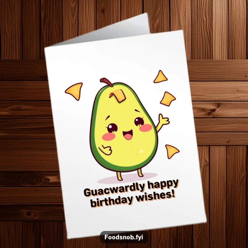 Funny Free Printable Birthday Card: Cheeky avocado happily juggling tortilla chips, offering a hilarious birthday greeting, downloadable fun.