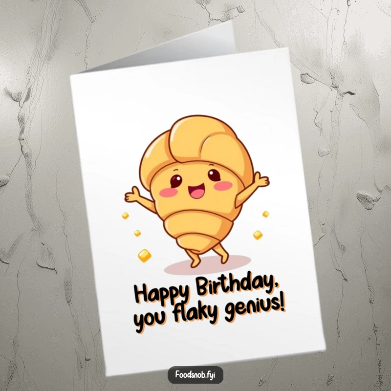 Funny Free Printable Birthday Card: Happy croissant character doing a cute dance with tiny butter pats, celebrating birthday.
