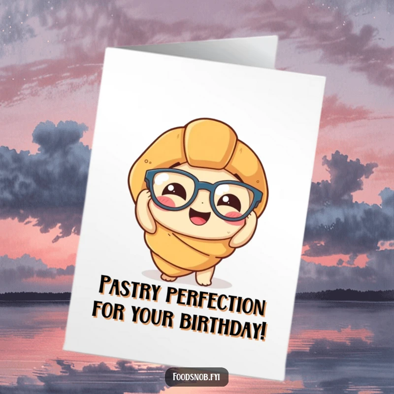 Funny Free Printable Birthday Card: A croissant giggles while struggling to put on its tiny spectacles, pure printable joy.