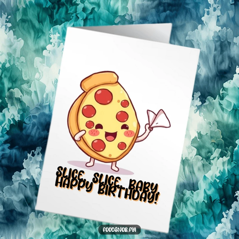 Funny Free Printable Birthday Card: Content pizza slice being fanned with a napkin, looking relaxed, a tasty downloadable gift.