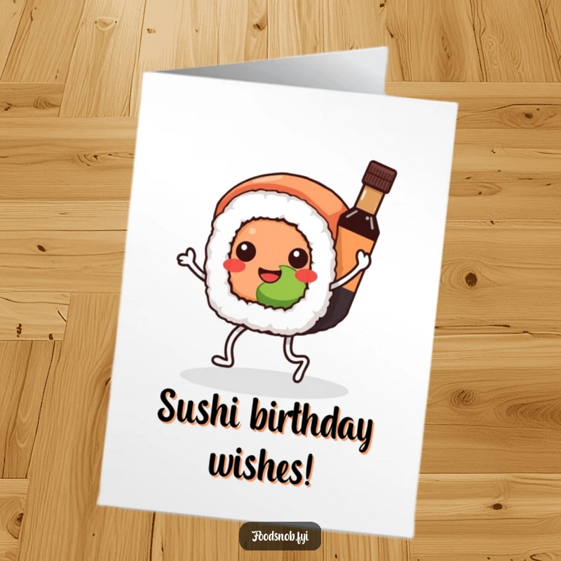 Funny Free Printable Birthday Card: Kawaii sushi roll with legs happily dances with its tiny soy sauce friend.
