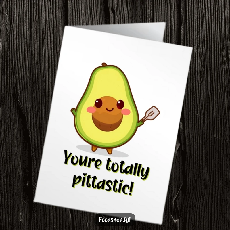 Funny Free Printable Avocado Congratulations Card: A smiling avocado expertly balances its pit with a small spatula. Downloadable.