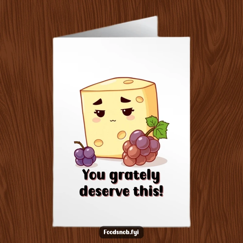 Funny Free Printable Cheese Congratulations Card: A stern cheese examines a tiny grape with a stern expression.
