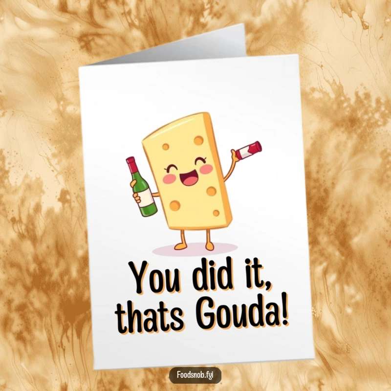 Free Printable Congratulations Card: A happy cheese character with a tiny wine bottle, perfect for a witty downloadable gift.