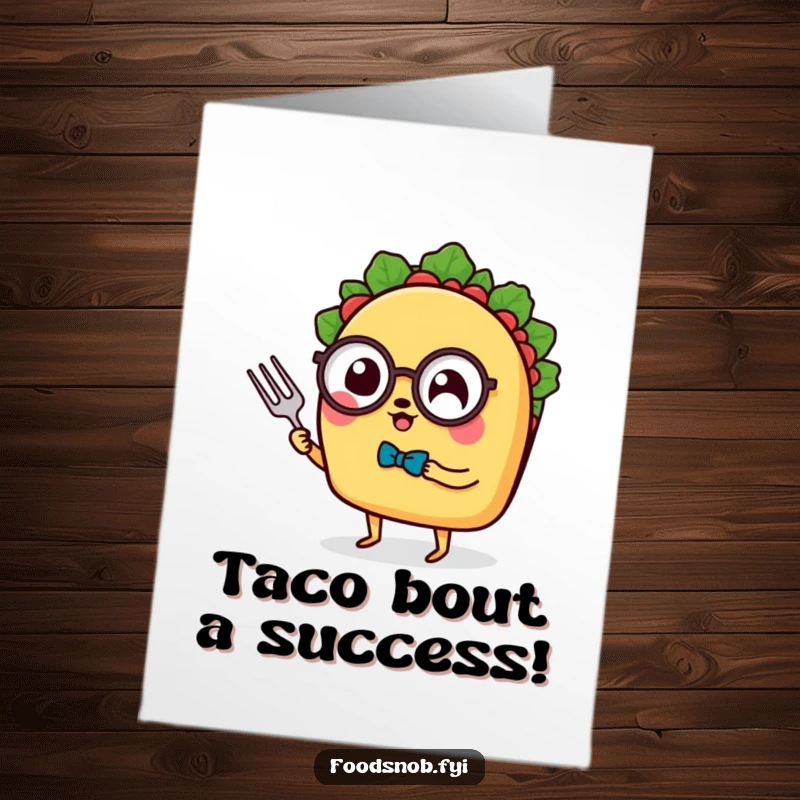 Funny Free Printable Congratulations Card: A taco wearing a monocle and holding a tiny fork, looking dapper and congratulatory.