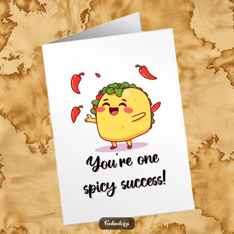 Funny Free Printable Congratulations Card: Cheerful taco character happily juggling tiny chili peppers, celebrating an awesome achievement.