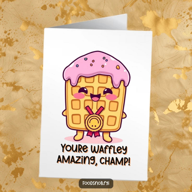 Funny Free Printable Congratulations Card: A smiling waffle proudly accepting a tiny medal, symbolizing achievement and joy.