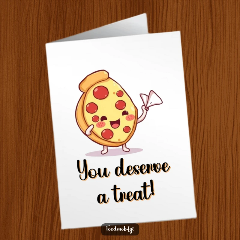 Funny Free Printable Congrats Card: Content pizza slice enjoying a fanning napkin, a humorous downloadable art.