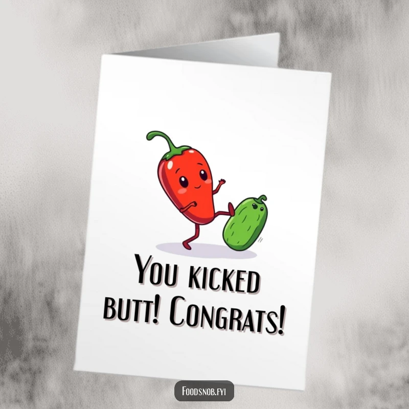 Funny Free Printable Congrats Card: A fiery red chili pepper with legs delivers a swift kick to a tiny cucumber. A triumphant, downloadable.