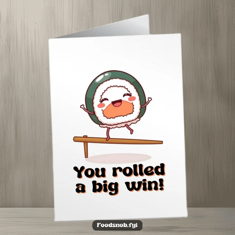 Funny Free Printable Congrats Card: Cheerful sushi character dancing on a chopstick to celebrate.