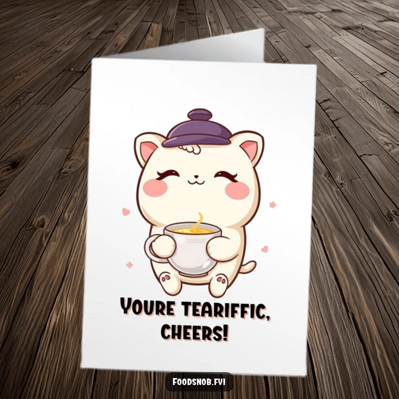 Funny Free Printable Congratulations Card: A smiling boba tea character winks knowingly while presenting a miniature teacup, celebrating a successful moment.