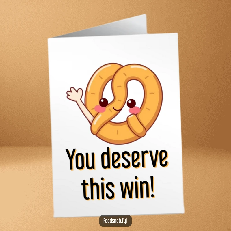 Funny Free Printable Congratulations Card: A cheerful pretzel character offering a big, warm wave to celebrate success.