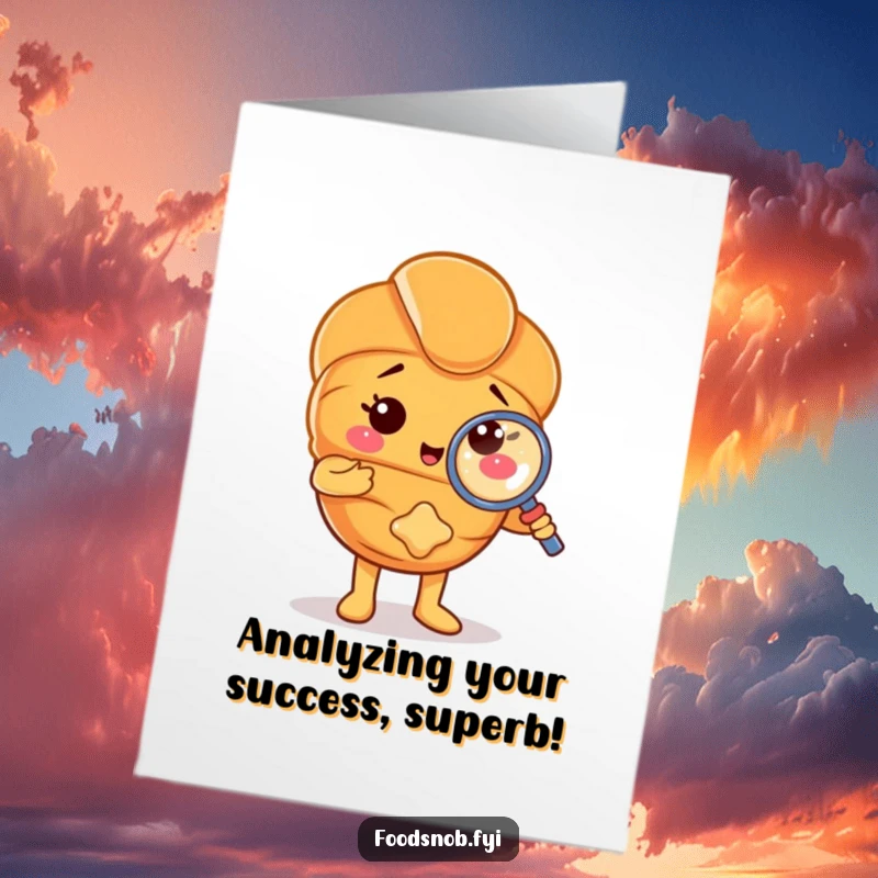 Funny Free Printable Congratulations Card: Croissant character with a magnifying glass examining a crumb, celebrating success in a humorous way.