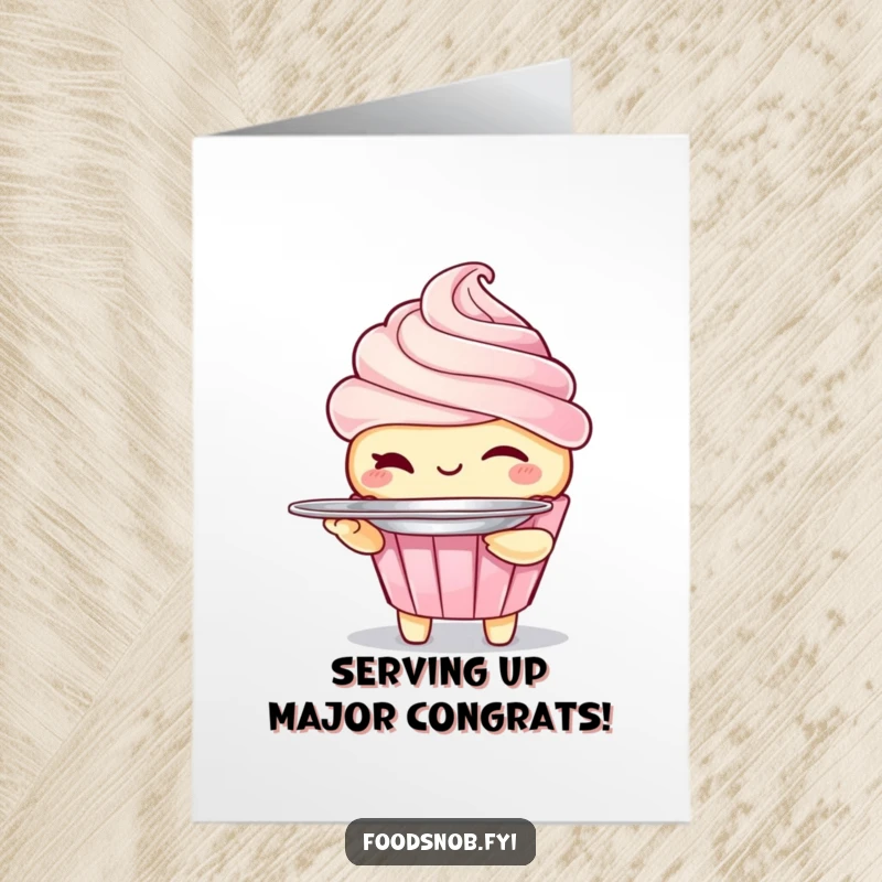 Funny Free Printable Congratulations Card: Winking cupcake character holding a tiny silver platter, celebrating achievement with a downloadable sweet gesture.
