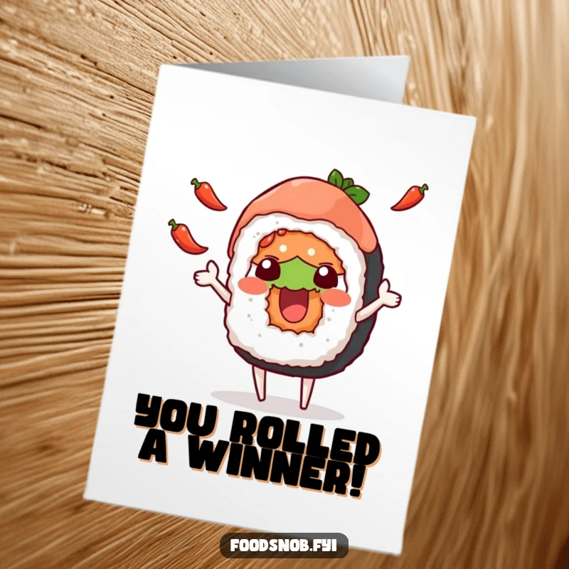 Funny Free Printable Congratulations Card: Cheerful sushi character joyfully juggles chili peppers, celebrating achievements with downloadable giggles.