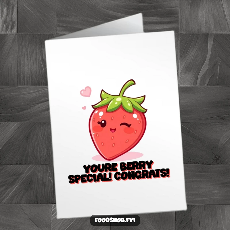 Free Printable Congratulations Card: A bubbly strawberry character winks, offering sweet wishes for success.