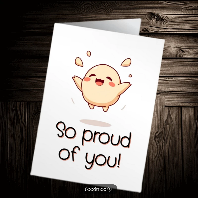 Funny Free Printable Congratulations Card: A happy dumpling character being joyfully tossed in the air, symbolizing celebration.