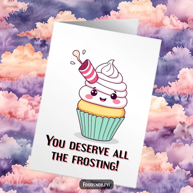 Funny Free Printable Congratulations Card: A cheerful cupcake with a tiny party blower, joyfully exhaling a puff of frosting.