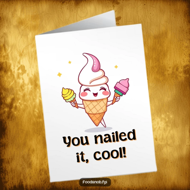Funny Free Printable Congratulations Card: A giggling ice cream cone character juggling three vibrant cones, a celebratory and downloadable message.