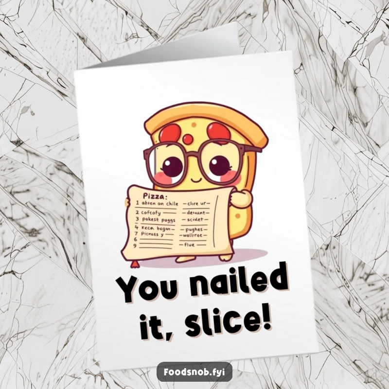 Funny Free Printable Congratulations Card: A pizza slice character with glasses intently studying a recipe scroll, celebrating a win.