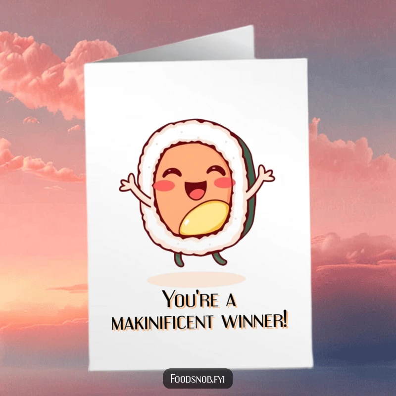 Funny free printable congratulations card with a cheerful sushi roll character dancing happily, a fun DIY present.