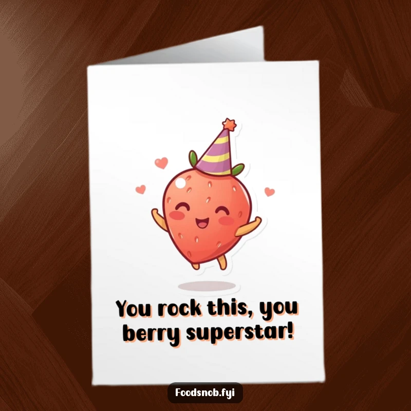 Funny Free Printable Congratulatory Card: A delighted strawberry in a party hat spins joyfully, celebrating your big win.