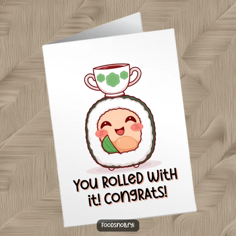 Funny Free Printable Congratulations Card: Sushi roll character smiling, serenely balancing a small teacup on its head.