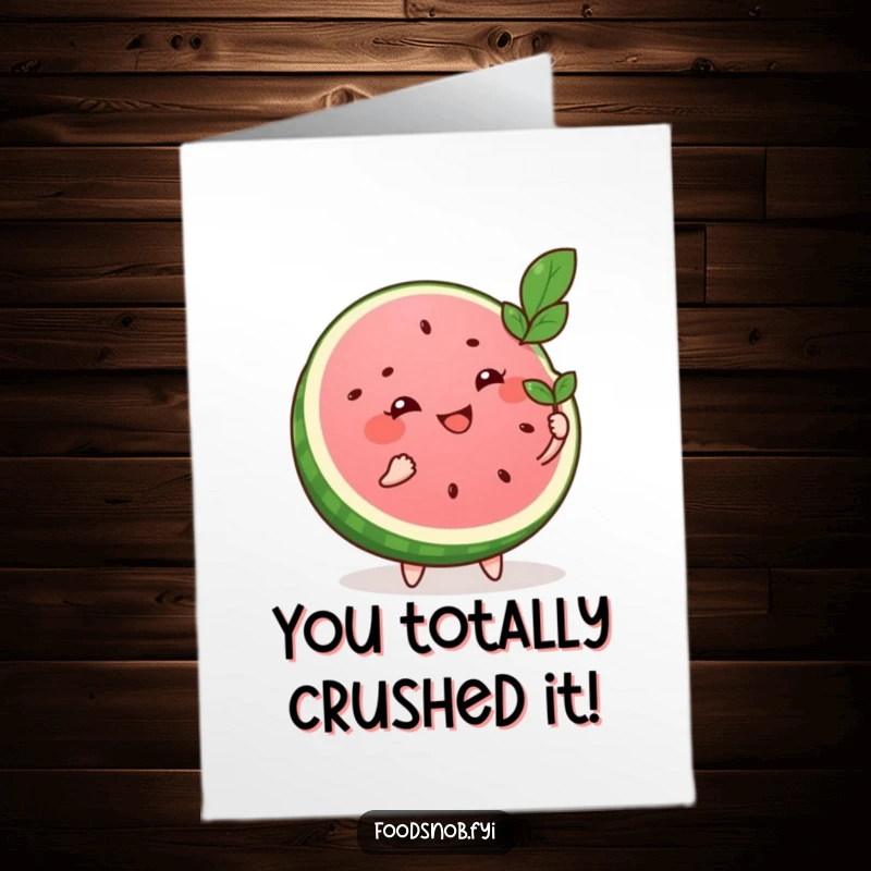 Funny Free Printable Congrats Card: Excited watermelon slice using a leaf as a fan, celebrating your awesome achievement with humor.