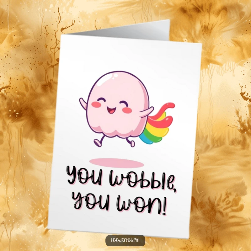 Funny Free Printable Congrats Card: Wobbly jelly character bouncing excitedly, leaving a colorful trail to celebrate success.