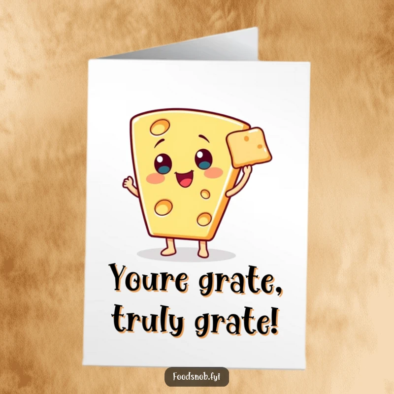 Funny Free Printable Congratulations Card: A cheerful cheese wedge character presents a miniature cracker with a dramatic, celebratory flourish.