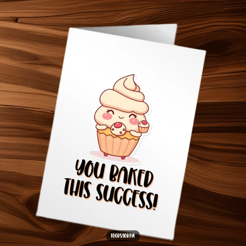 Funny Free Printable Congratulations Card: A blushing cupcake character presents a miniature, delectable pastry as a token of congratulations.