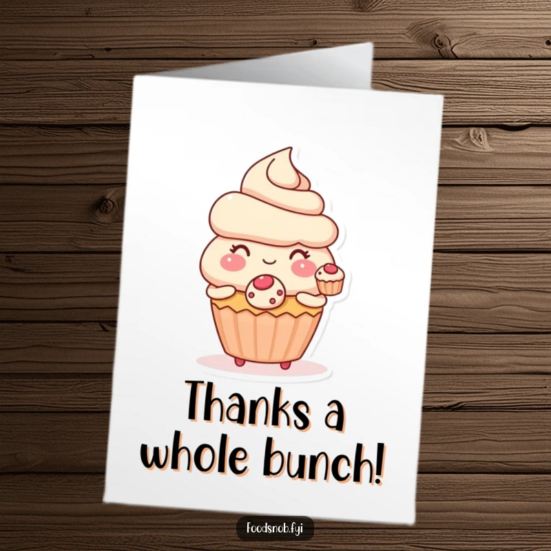 Funny Free Printable Thank You Card: A blushing cupcake character offers a small, perfect pastry with a shy, sweet expression.