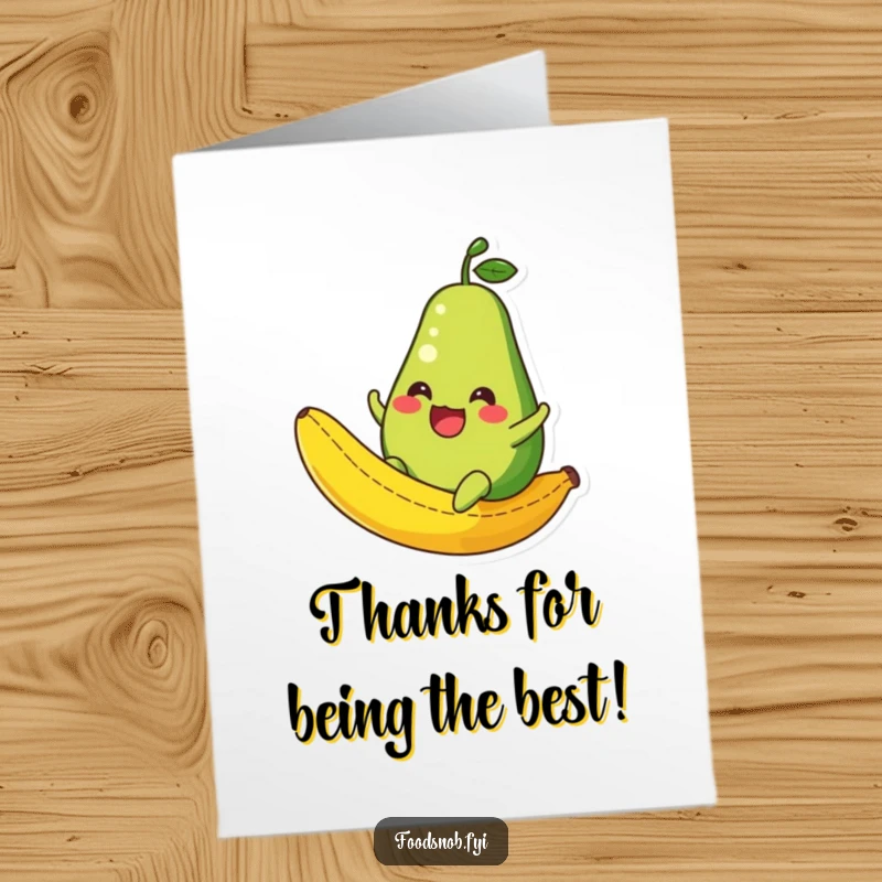 Free Printable Thank You Card: An avocado character sliding down a banana peel, humorously expressing thanks.