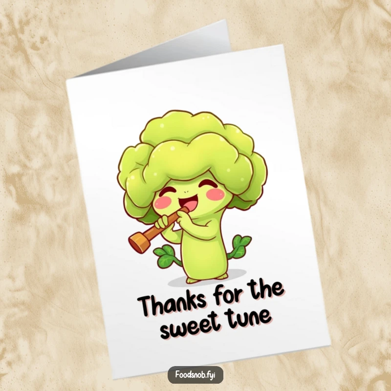 Funny Free Printable Thank You Card: Broccoli sprout character playing a tiny flute, conveying thanks with a downloadable musical note.